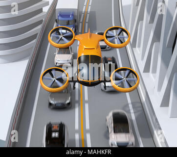 Passagier Drohne fliegen über Autos in Heavy Traffic Jam. Konzept für die drohne Taxi. 3D-Bild. Stockfoto