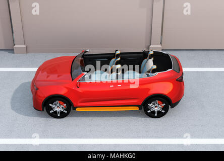 Seitenansicht der Cutaway rot selbst fahren Elektrisch SUV Parkplätze auf der Straße. 3D-Bild. Stockfoto