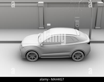 Cay rendering Image der elektrischen SUV-Laden in der Ladestation in der Straße. 3D-Bild. Stockfoto