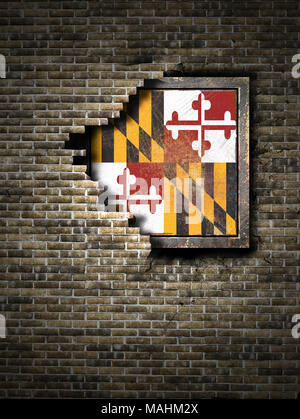 3D-Rendering des Maryland State Flag über eine rostige Metallplatte eingebettet auf einer alten Mauer Stockfoto