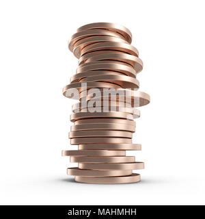 Stapel der alten Pennies isoliert auf einem weißen. 3D-Illustration, Freistellungspfad Stockfoto