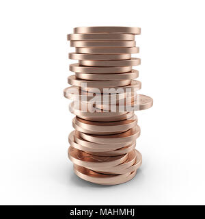 Stapel der alten Pennies isoliert auf einem weißen. 3D-Illustration, Freistellungspfad Stockfoto