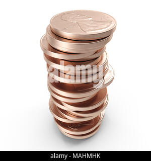 Stapel der alten Pennies isoliert auf einem weißen. 3D-Illustration, Freistellungspfad Stockfoto