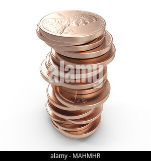 Stapel der alten Pennies isoliert auf einem weißen. 3D-Illustration, Freistellungspfad Stockfoto