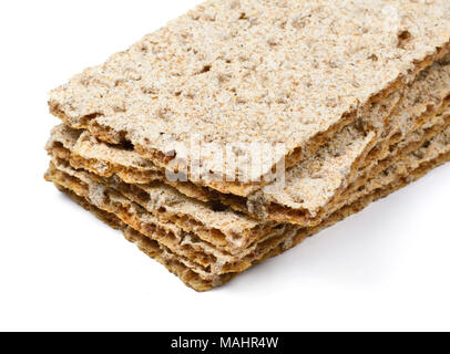 Knäckebrot Anordnung, auf weißem Hintergrund. Diäten Brot mit wenig Kalorien. Stockfoto