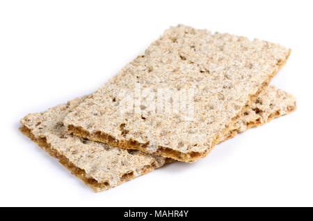 Knäckebrot Anordnung, auf weißem Hintergrund. Diäten Brot mit wenig Kalorien. Stockfoto