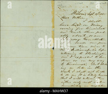 Erklärt, dass er Freitag für Cincinnati verlassen. Reg. Morton von Indiana machte ihn versprechen Indianapolis vor der Rückkehr nach Washington zu besuchen, aber so ab Ende wird er nicht in der Lage sein. Julia und die Kinder sind gut. Titel: Brief unterzeichnet Ulysses [U.S. Grant], St. Louis, dem Vater [Jesse Root], September 19, 1865. 19. September 1865. Grant, Ulysses S. (Ulysses Simpson), 1822-1885 Stockfoto