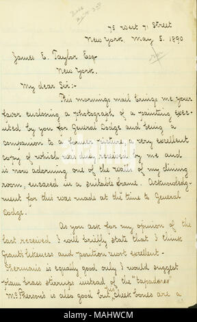 Gibt seine Stellungnahme zu einem Gemälde. Titel: Brief unterzeichnet W.T. Sherman, 75 West 71 Street, New York, James Taylor, New York, 5. Mai 1890. 5. Mai 1890. Sherman, William T. (William Tecumseh), 1820-1891 Stockfoto