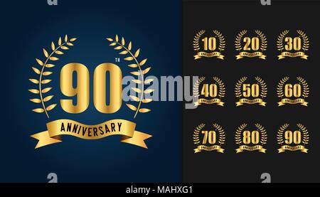 Der Jahrestag Schriftzug. Goldenes Jubiläum feier Emblem mit Farbband und Lorbeerkranz. Design für Broschüre, Faltblatt, Zeitschrift, Broschüre Post Stock Vektor