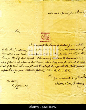 Umschließt ein Papier der "un" mit einigen Fragen auf den 4. letzten Monat mitgeteilt. Titel: Brief unterzeichnet James Jones Wilmer, Havre de Grace, zu Thomas Jefferson, 10. Juni 1812. 10. Juni 1812. Wilmer, James Jones Stockfoto