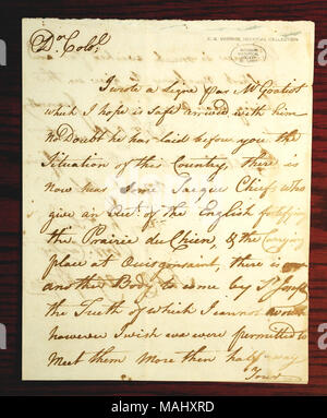 Nachrichten von Sac Leiter der Englischen stärkenden Prairie du Chien; einen anderen Körper von St. Joseph. Titel: Brief unterzeichnet R. McCarty, Fort Clark, George Rogers Clark, 29. April 1780. 29. April 1780. McCarty, R. Stockfoto