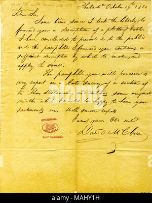 Sendet eine Beschreibung einer plotten Tabelle und einen Bericht über seine jüngste Umfrage eines Abschnitts des Delaware River. Titel: Brief unterzeichnet David McClure, Philadelphia, Thomas Jefferson, 19. Oktober 1820. 19. Oktober 1820. McClure, David Stockfoto