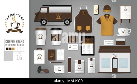 Corporate identity Vorlage festlegen 16. Logo Konzept für Coffee Shop, Café, Restaurant. Realistische mock up Schablone von Store, Polo Shirt, Schürze, Mütze, c Stock Vektor