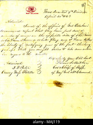 'Mehrere der Offiziere der Allgemeinen Osterhaus' berichten, dass sie nur noch eine Anzahl von Männern auf der anderen Seite des Flusses gesehen, die eine weiße Fahne gezeigt..." Titel: Brief von Thomas S. Mather (Oberst und Stabschef der allgemeinen McClernand), Hauptquartier, 9. Division, David D.] Porter, 20. April 1863 auf [. 20. April 1863. Mather, Thomas S. Stockfoto