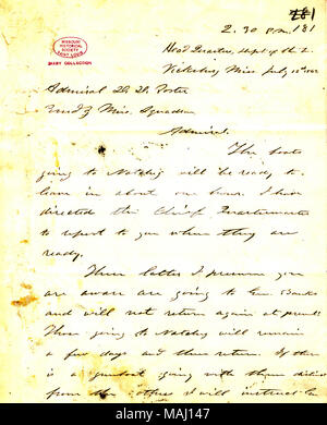 Bezüglich der Boote in Natchez. Titel: Brief von US Grant, Hauptquartier, Abt. der Tennessee, Vicksburg, Mississippi, David D.] Porter, 12. Juli 1863 auf [. 12. Juli 1863. Grant, Ulysses S. (Ulysses Simpson), 1822-1885 Stockfoto