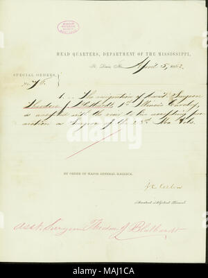 Quittieren Sie Theodore J. Bluthardt zum Ruecktritt vom 1 Illinois Kavallerie, so dass er eine Position als Chirurg des 23 Missouri Infanterie annehmen können. Transkription: April 5, 1862. Spezielle Aufträge, Nr. 16. 1? ǪThe Rücktritt von unterstützen. Chirurg Theodore J. Bluthardt, 1 Illinois Kavallerie, ist mit Blick auf seine Annahme Förderung als Chirurg des 23 Mo. Bde. J.C. akzeptiert Keeton Titel: spezielle Aufträge, Nr. 16, Head Quarters, Abteilung des Mississippi, St. Louis, MO., signiert J.C. Keeton, April 5, 1862. 5. April 1862. Keeton, J. C. Stockfoto