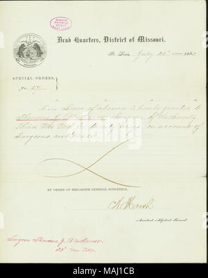 Grant Theodore J. Bluthardt eine Beurlaubung für 20 Tage. Transkription: Juli 22 d? 1862 spezielle Aufträge, Nr. 57 II? ǪLeave der Abwesenheit wird auf Theodore J. Bluthardt, Chirurg des 21 Dritten Mo Vols für 20 Tage gewährt auf Konto der Chirurgen Zertifikat. C W Marsh Titel: spezielle Aufträge, Nr. 57, Sitz, Bezirk von Missouri, St. Louis, unterzeichnet C.W. Marsh, 22. Juli 1862. 22. Juli 1862. Marsh, Calvin W. Stockfoto
