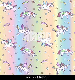 Vector Abbildung: nahtlose Muster von cute Einhörner auf Pastell rainbow Hintergrund. Cartoon Einhorn Textur Stock Vektor