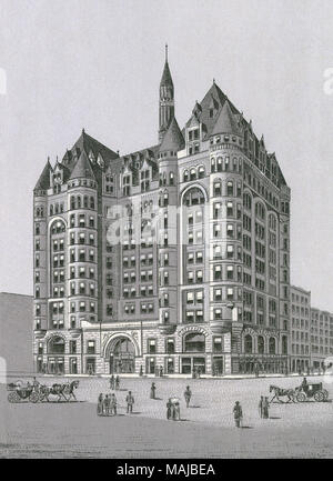 Antike c 1890 monochromen Druck von einem Souvenir album, zeigt der Frau Tempel Gebäude an der Südwestecke der Monroe und LaSalle Straßen in Chicago, Illinois. Bedruckt mit dem Glaser/Frey lithografischen Prozess, ein multi-Stein lithografischen Prozess in Deutschland entwickelt. Stockfoto