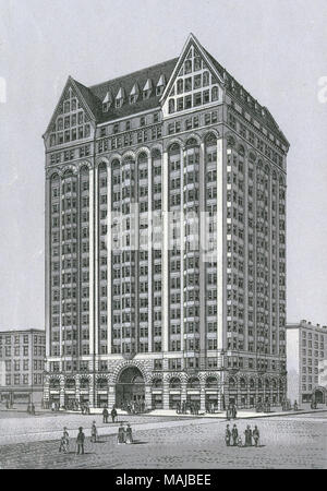 Antike c 1890 monochromen Druck von einem Souvenir album, zeigt die Masonic Temple Building in Chicago, Illinois. Die Masonic Temple Gebäude wurde ein Wolkenkratzer in Chicago, Illinois im Jahr 1892. Von der Firma Burnham und Root entworfen und an der Ecke von Randolph und Straßen gebaut, das Gebäude Rose 21 Geschichten. Bedruckt mit dem Glaser/Frey lithografischen Prozess, ein multi-Stein lithografischen Prozess in Deutschland entwickelt. Stockfoto