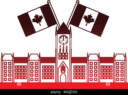 Ottawa Parliament Gebäude mit kanadischen Flaggen Vektor-illustration desing Stock Vektor