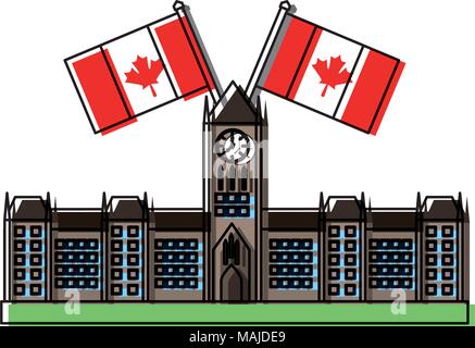 Ottawa Parliament Gebäude mit kanadischen Flaggen Vektor-illustration desing Stock Vektor