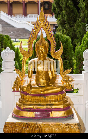 Hacienda Heights, CA, USA - 23. März 2018: goldene Statue der Erleuchtung des Buddha auf Seite der Garten mit Lotus Podest Hsi Lai Buddhis Stockfoto