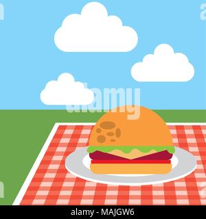 Picknick Tischdecke mit Burger in der Platte auf der wiese landschaft Vector Illustration Stock Vektor