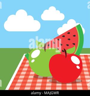 Picknick Tischdecke und Wassermelone Äpfel auf Landschaft Vector Illustration Stock Vektor