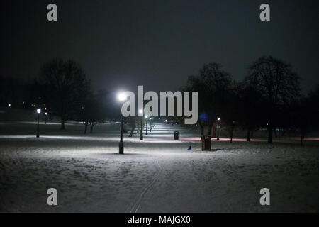 Menschen irgendetwas von Schlitten, Baustellen Zäune, Paletten und Behälter Deckel auf, der Londoner Primrose Hill bis spät in die Nacht. Mit: Atmosphäre, Wo: London, England, Großbritannien Wann: 02 Mar 2018 Credit: Wheatley/WANN Stockfoto