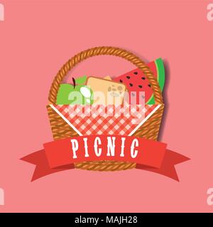 Picknick Weidenkorb mit Wassermelone apple und Sandwich banner Vector Illustration Stock Vektor