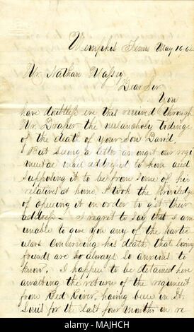 Gibt Details zu Nathan's Sohn, David, der Tod. Mit Umschlag. Transkription: Memphis Tenn 16 Mai/64 Herr Nathan Massey Sehr geehrte Damen haben Sie zweifellos, ehe diese durch Herrn Draper die Melancholie Botschaft vom Tod ihres Sohnes David empfangen, aber das Sehen eines Schreibens unter unseren regimental Mail an ihn gerichtet und sie meinten es von einigen seiner Beziehungen zu Hause habe ich das Privileg zu öffnen, um Ihre Adresse zu bekommen? Ich bedaure, sagen zu müssen, dass ich nicht in der Lage bin, die Sie für eine der Angaben über seinen Tod, dass lieben Freunde sind so immer so gespannt zu erfahren geben. Ich deta werden Stockfoto