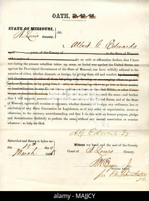 Schwört den Eid der Treue gegenüber der Regierung der Vereinigten Staaten und des Staates Missouri. Titel: Treue Schwur von Albert G. Edwards von Missouri, Grafschaft von St. Louis. 18. März 1865. Edwards, A.G. Stockfoto