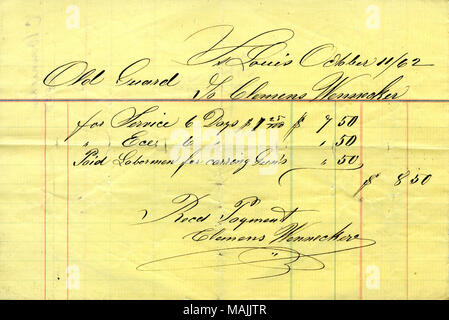 Zahlung für sechs Tage" Service. Titel: Quittung für die Zahlung von $ 8,50 erhielt von Clemens Wenneker aus der alten Garde (St. Louis, MO), 11. Oktober 1862. 11. Oktober 1862. Wenneker, Clemens Stockfoto