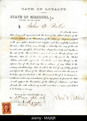 Schwört den Eid der Treue gegenüber der Regierung der Vereinigten Staaten und des Staates Missouri. Titel: Treue Schwur von John F. Bäcker von Missouri, Grafschaft von St. Louis. 13. September 1865. Baker, John F. Stockfoto