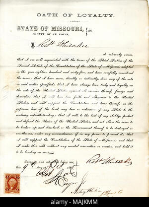 Schwört den Eid der Treue gegenüber der Regierung der Vereinigten Staaten und des Staates Missouri. Titel: Treue Schwur von Robert Whitaker von Missouri, Grafschaft von St. Louis. Vom 9. Oktober 1865. Whitaker, R. Stockfoto