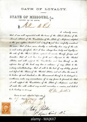 Schwört den Eid der Treue gegenüber der Regierung der Vereinigten Staaten und des Staates Missouri. Titel: Treue Schwur von William M. Leslie von Missouri, Grafschaft von St. Louis. 29. Januar 1866. Leslie, W. Stockfoto