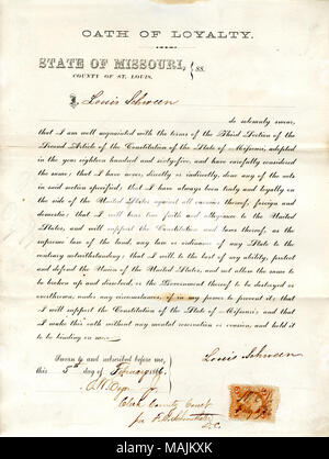 Schwört den Eid der Treue gegenüber der Regierung der Vereinigten Staaten und des Staates Missouri. Titel: Treue Schwur von Louis Schween von Missouri, Grafschaft von St. Louis. Vom 5. Februar 1866. Schween, L. Stockfoto