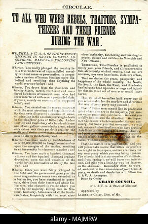 Zirkular mit dem Titel "Für alle, die Rebellen, Verräter, Sympathisanten und Freunde während des Krieges, "durch den Grossen Rat des L. & U.A.A. des Staates Missouri, Seite Eins, kein Datum zur Verfügung gestellt. Bürgerkrieg Sammlung, Missouri History Museum, St. Louis, Missouri. Stockfoto