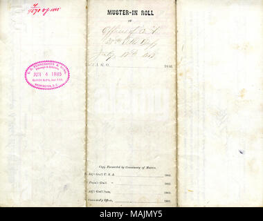 Listet die Namen, Dienstgrade, Alter, und Hinweise zu Anmeldung für Offiziere in der Firma A. Titel: Muster - in der Rolle von Offizieren in der 38th Illinois Infanterie, 17. Juli 1863. 17. Juli 1863. Carlin, Walter G. Stockfoto