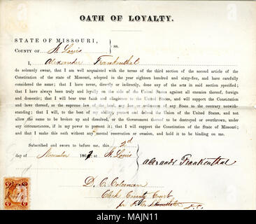 Schwört den Eid der Treue gegenüber der Regierung der Vereinigten Staaten und des Staates Missouri. Titel: Treue Schwur von Alexander Frankenthal von Missouri, Grafschaft von St. Louis. 2. November 1867. Frankenthal, Alexander Stockfoto
