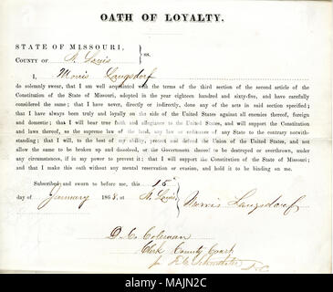 Schwört den Eid der Treue gegenüber der Regierung der Vereinigten Staaten und des Staates Missouri. Titel: Treue Schwur von Morris Langsdorf von Missouri, Grafschaft von St. Louis. 15. Januar 1868. Langsdorf, M. Stockfoto