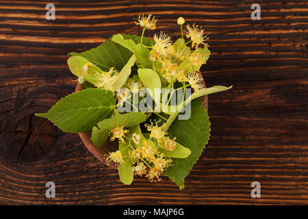 Linden Blumen mit Blättern in Houten auf hölzernen Tisch von oben. Tilia. Stockfoto