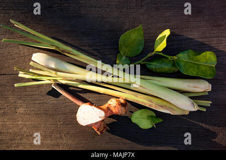 Kaffernlimette Blätter, Galanga Wurzel und Zitronengras Bündel auf Holz- Hintergrund von oben. Tom Yum Suppe Zutaten. Arzneimittel und kulinarischen asiatischen Kräutern. Stockfoto