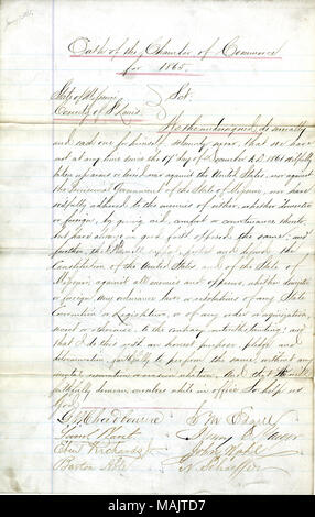 Schwört den Eid der Treue gegenüber der Regierung der Vereinigten Staaten und des Staates Missouri. Titel: Treue Schwur der Direktoren der Handelskammer, St. Louis. . 1865. Stockfoto