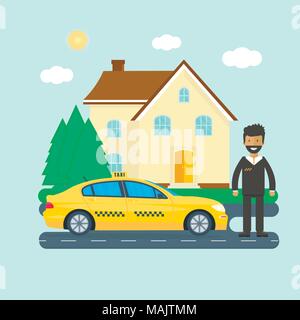 Maschine gelbes Taxi mit Fahrer in der Stadt. Öffentliches Taxi Service Konzept. Flache Vector Illustration. Stock Vektor