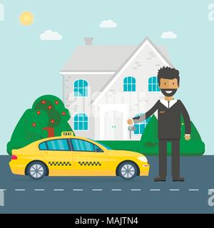 Maschine gelbes Taxi mit Fahrer in der Stadt. Öffentliches Taxi Service Konzept. Flache Vector Illustration. Stock Vektor