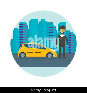 Maschine gelbes Taxi mit Fahrer in der Stadt. Öffentliches Taxi Service Konzept. Flache Vector Illustration. Stock Vektor