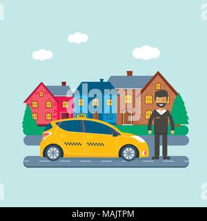 Maschine gelbes Taxi mit Fahrer in der Stadt. Öffentliches Taxi Service Konzept. Flache Vector Illustration. Stock Vektor