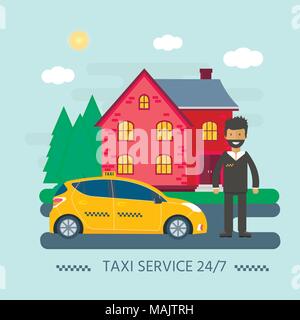 Maschine gelbes Taxi mit Fahrer in der Stadt. Öffentliches Taxi Service Konzept. Flache Vector Illustration. Stock Vektor